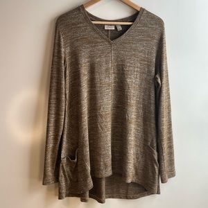 LOGO by Lori Goldstein Green Space-Dye Knit V-Neck Pocket Tunic Size Large